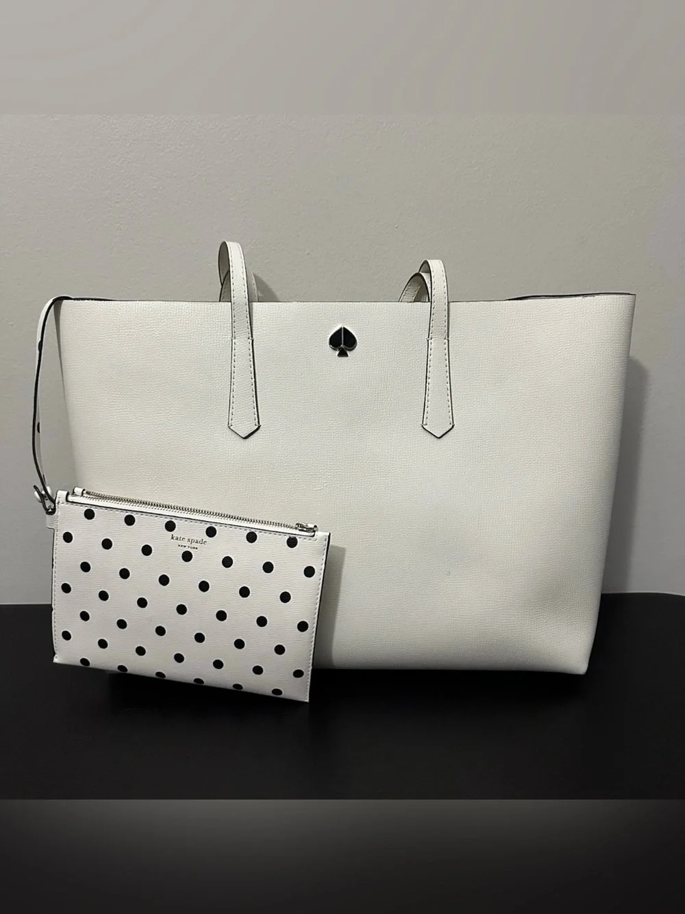 Kate Spade Molly Cabana Dot Pop Large Leather Tote White w/ Pouch